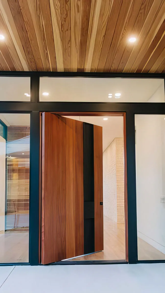 Warm mahogany pivot front door swung open beneath a cedar timber soffit
