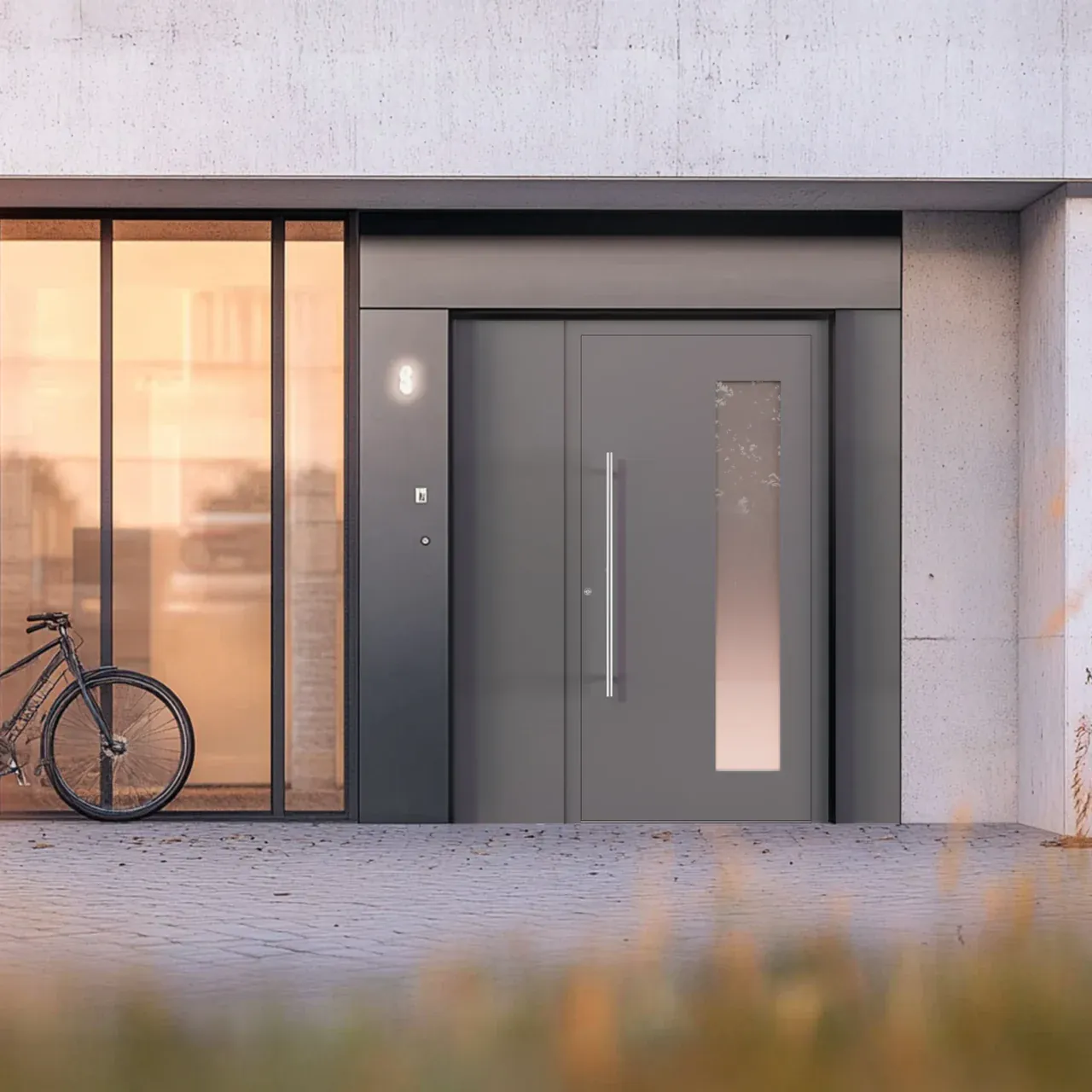 Anthracite glazed aluminium front door set in a concrete facade