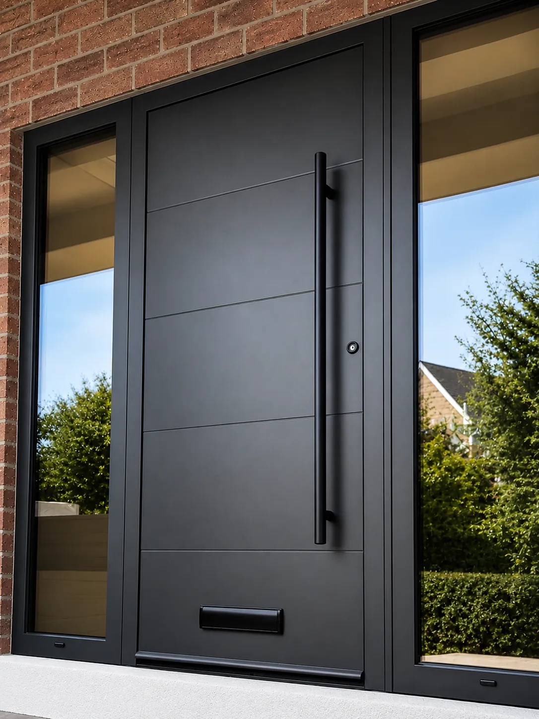 Anthracite ribbed aluminium front door with a full-height bar handle