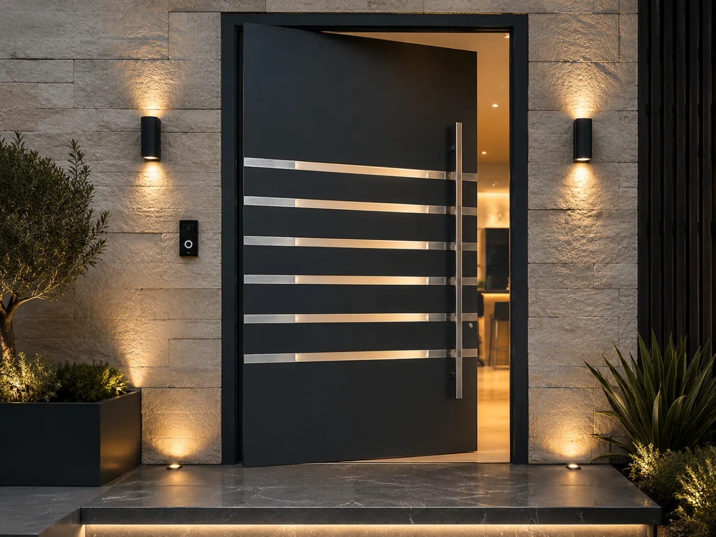 Anthracite aluminium pivot door ajar with horizontal brushed-steel slat inlays and a full-height bar handle at dusk