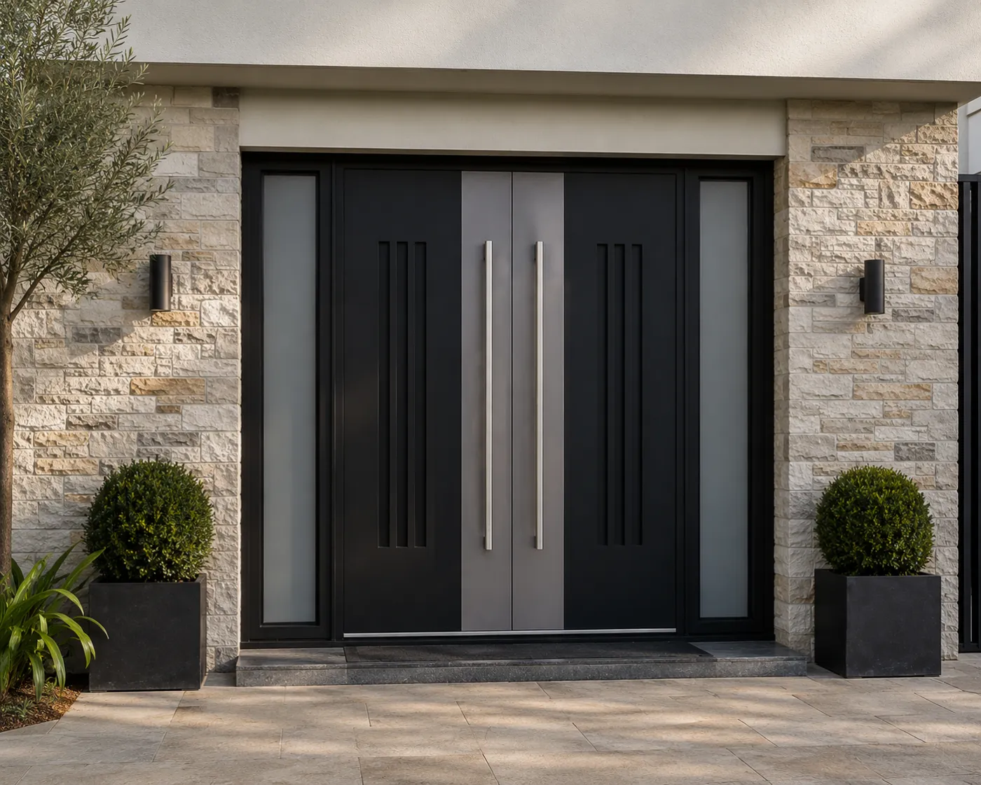 Black aluminium double doors with a grey central band and twin brushed-steel bar handles in a stacked-stone facade