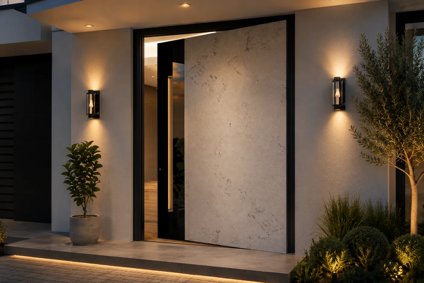 Oversized concrete-effect aluminium pivot door ajar with a warm interior glow and an olive tree at dusk