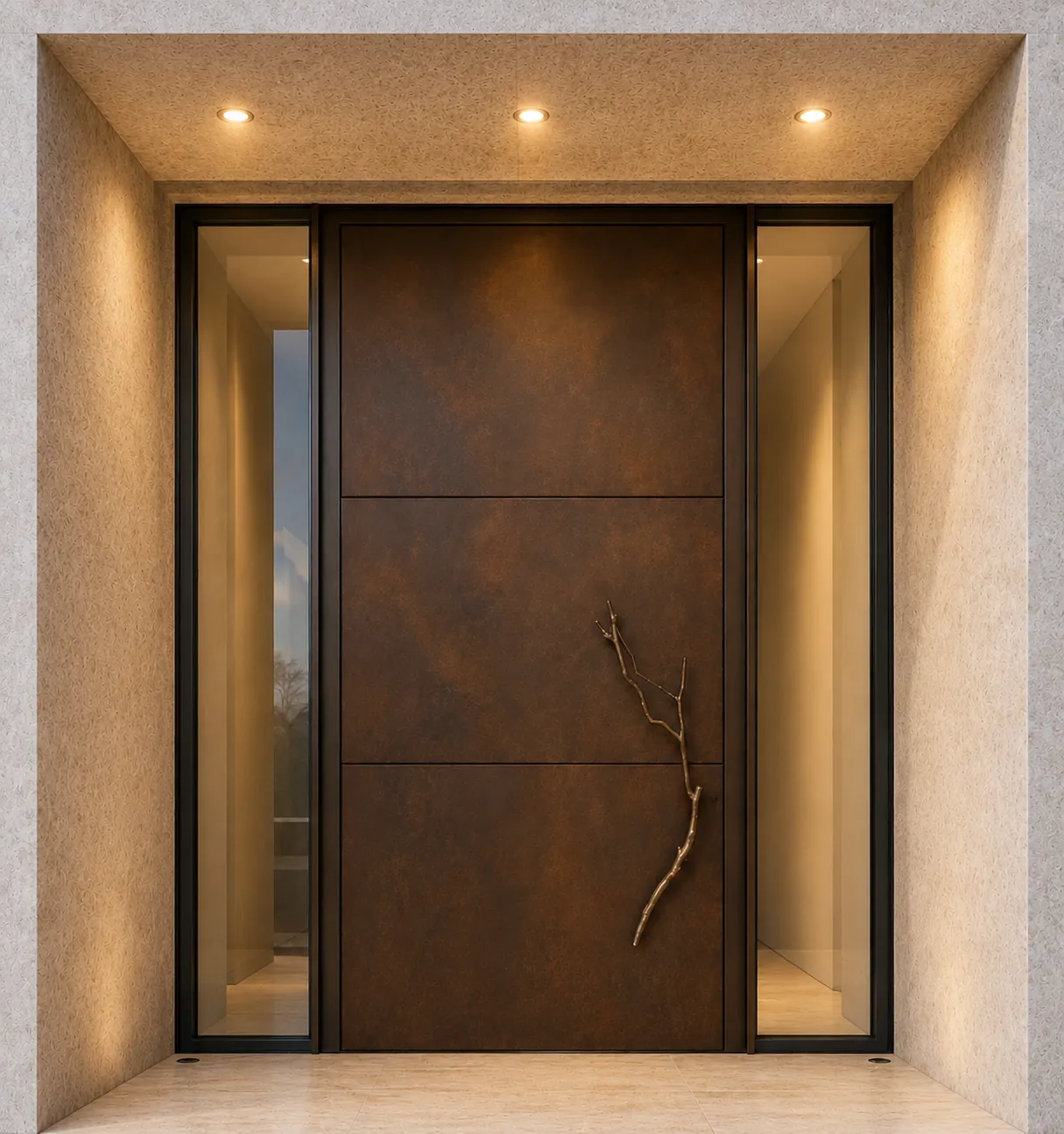 Corten rust-effect aluminium door with a bronze branch handle in a recessed niche