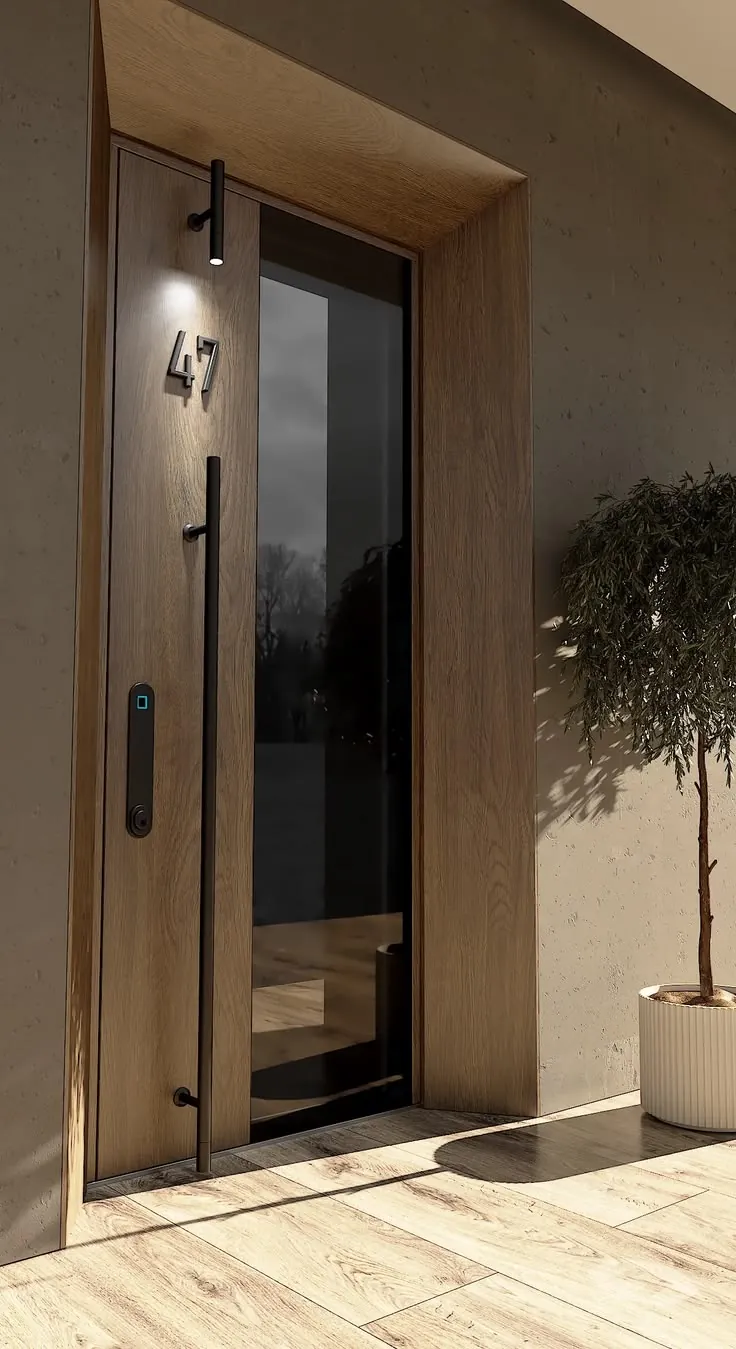 Oak-finish aluminium front door with a glazed panel, house number and fingerprint lock