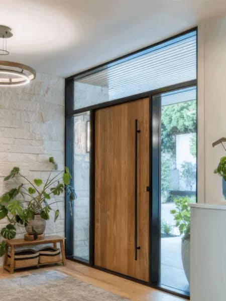 Oak-grain aluminium door with a glazed sidelight and transom in a plant-filled interior entryway