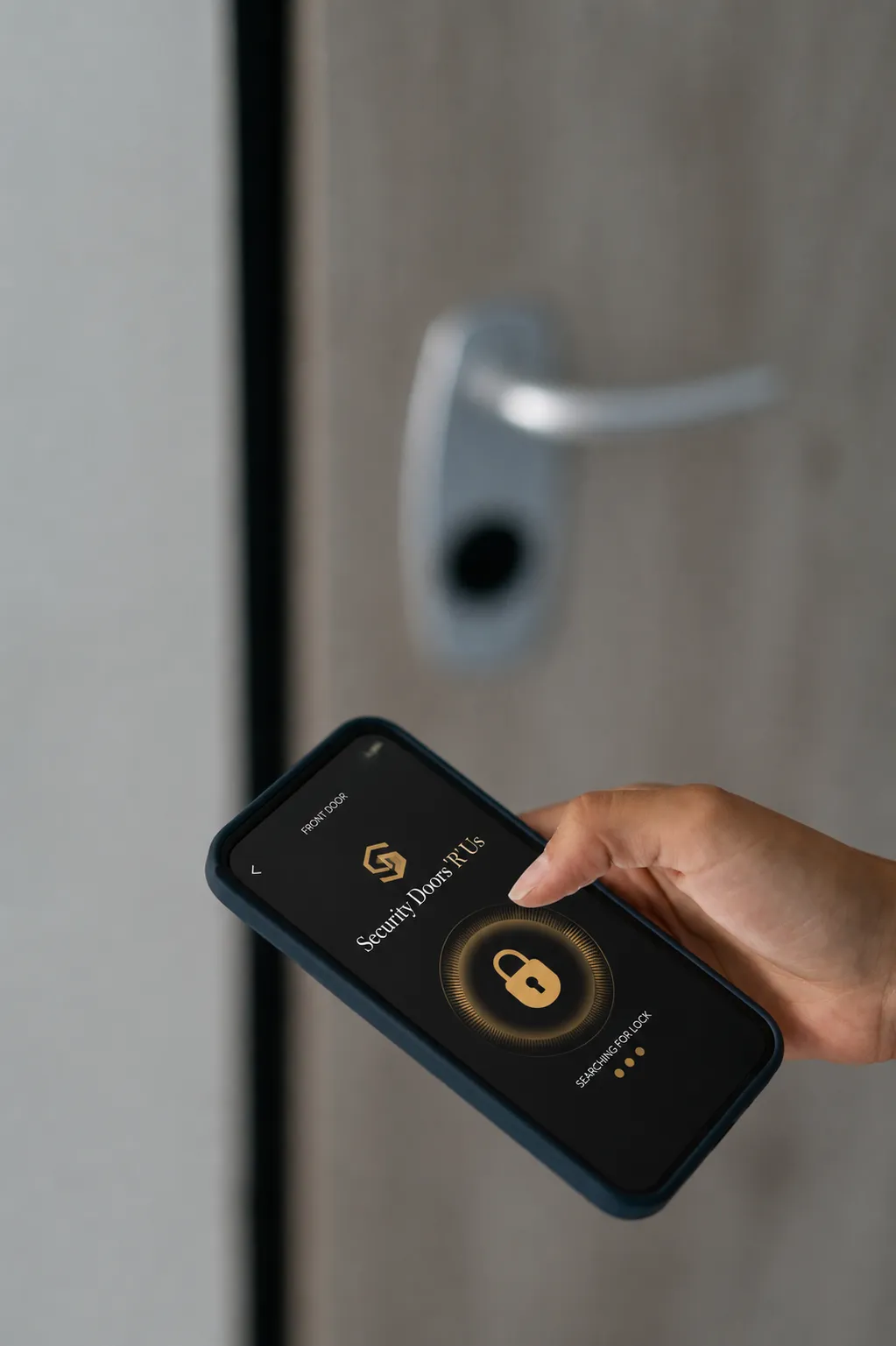 A hand holding a phone running the Security Doors 'R' Us smart-lock app beside a door with a lever handle