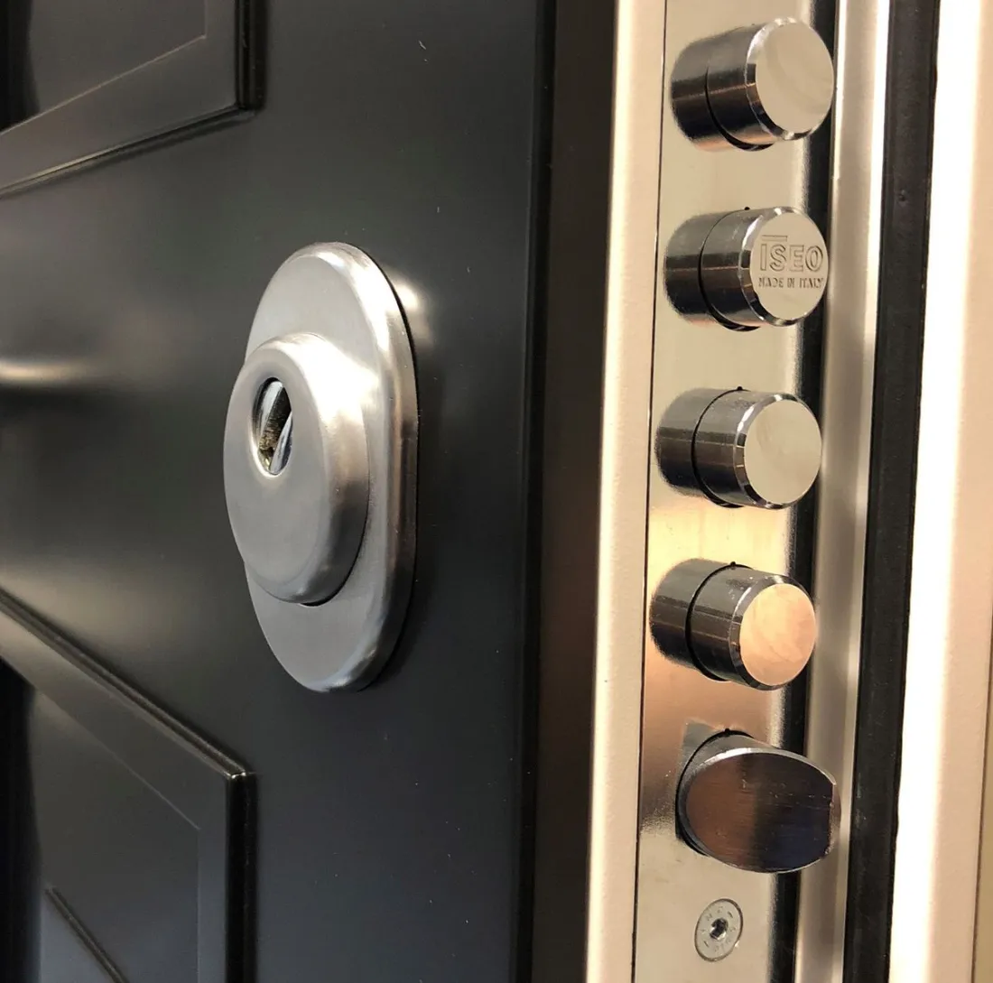 Anthracite security door edge with brushed-steel deadbolt bolts and a satin cylinder