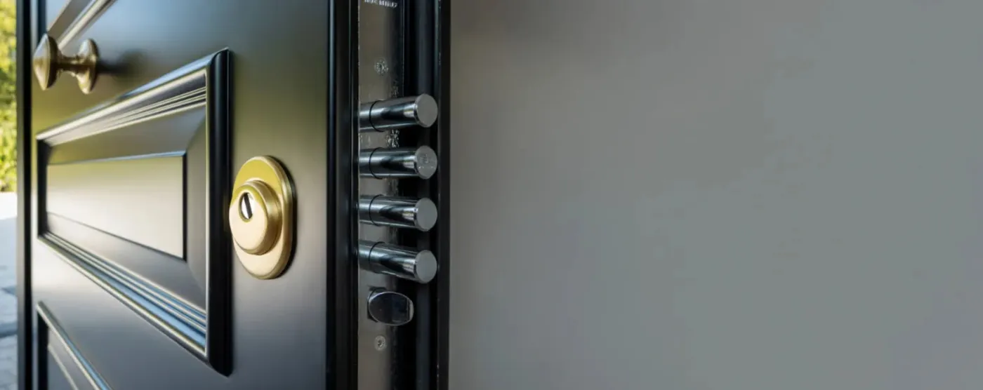 Black security front door edge with a brass euro cylinder and four chrome deadbolt bolts