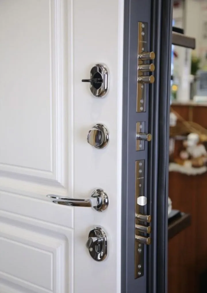 White security door with polished chrome furniture and a multi-point locking edge