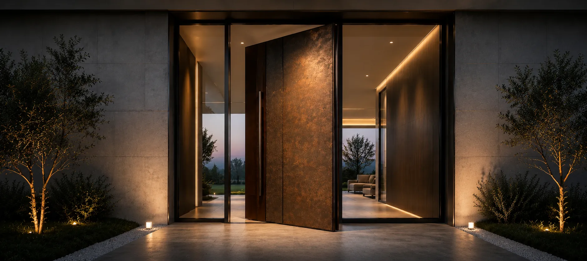 Uplit bronze pivot front door standing ajar at a dusk entrance