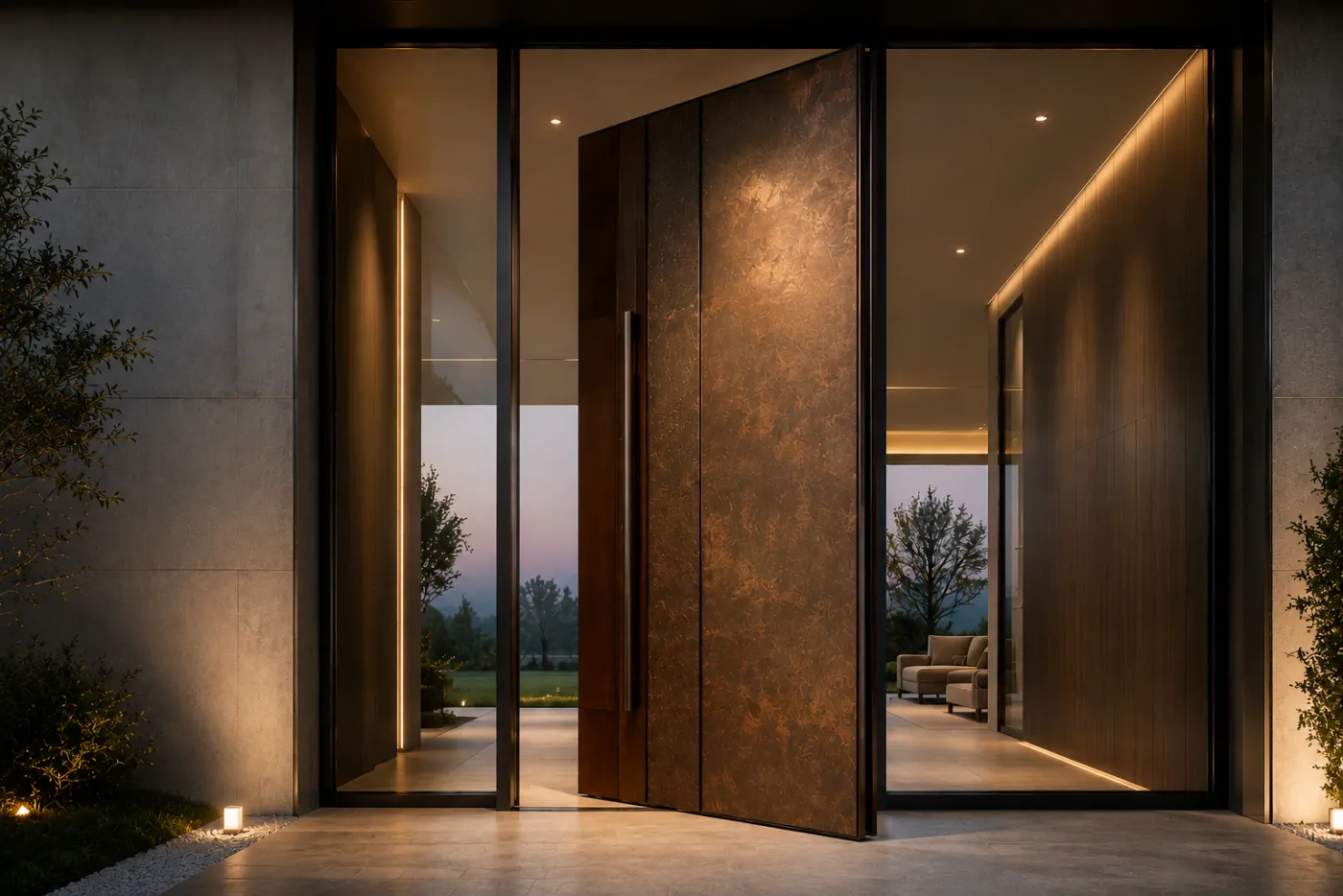 Copper botanical-embossed pivot door ajar at dusk with a timber-lined reveal and uplit shrubs
