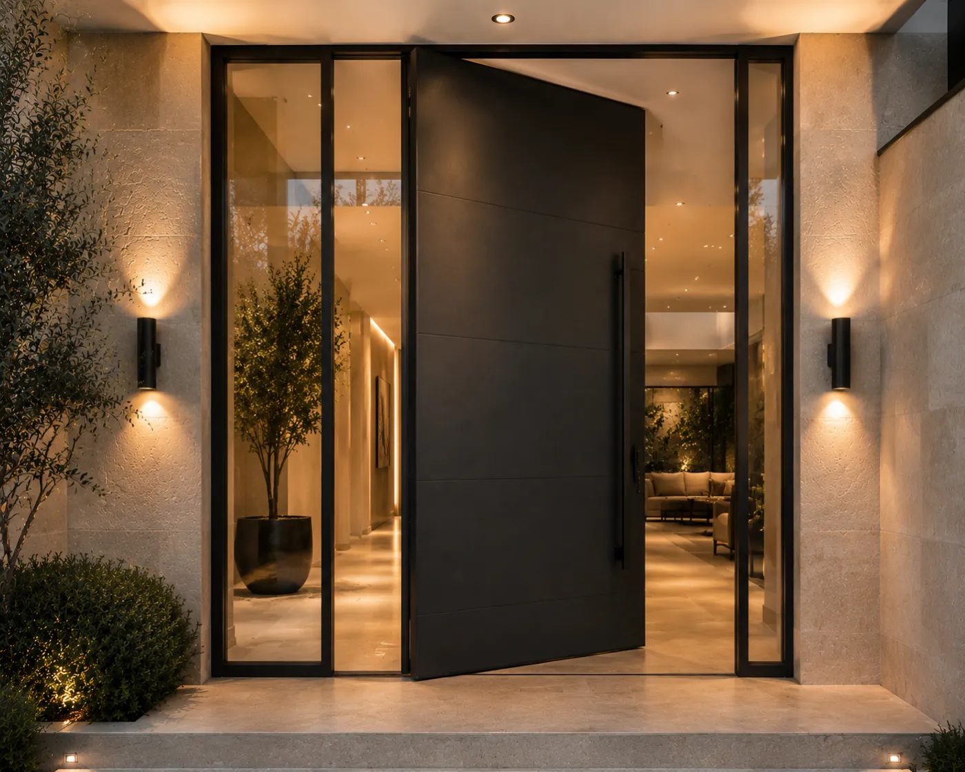 Matte-black pivot door with subtle horizontal reveals and twin sidelights opening to a warm-lit hallway