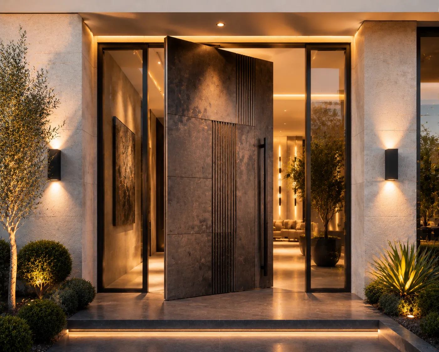 Textured bronze and pewter pivot door mixing hammered panels with a reeded band, ajar to a warm interior