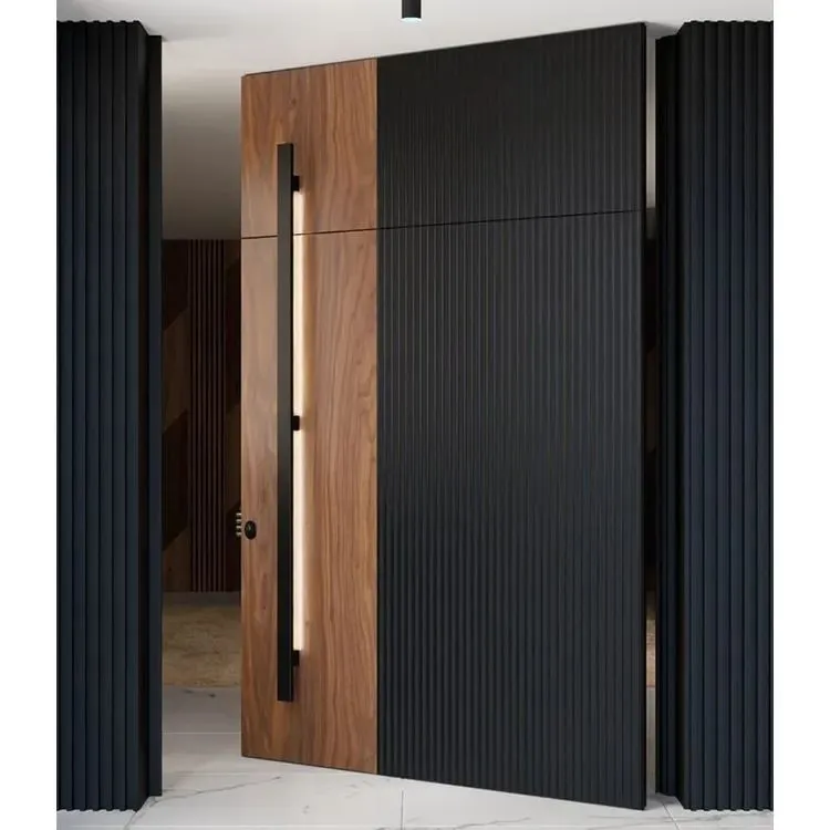 Two-tone pivot door with walnut beside a black vertical-reeded panel and an illuminated LED handle strip