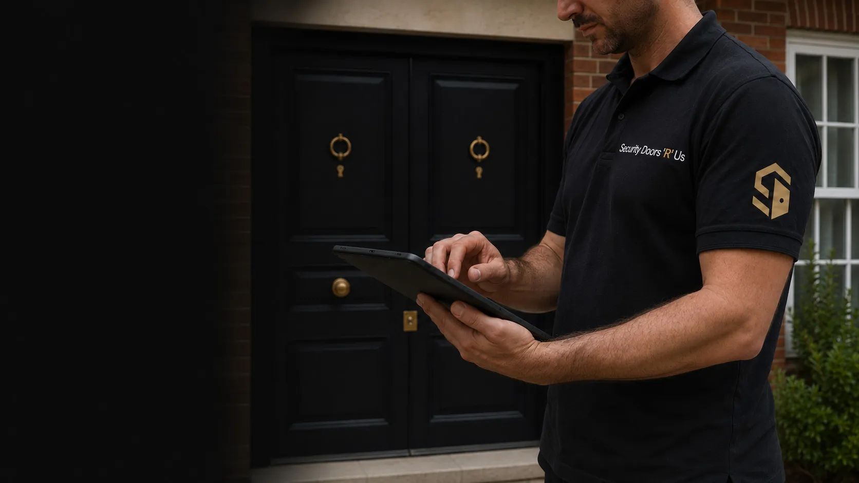 A Security Doors 'R' Us surveyor in a branded polo using a tablet at a black front door