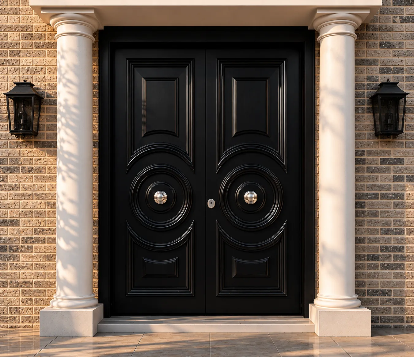 Black steel double doors with concentric-circle milling between classical columns