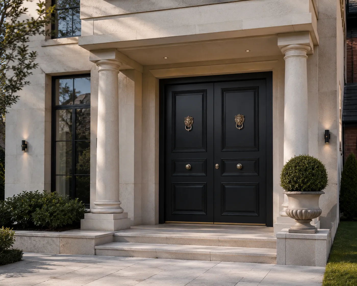 Matte-black steel double doors with twin brass lion-head knockers between classical stone columns