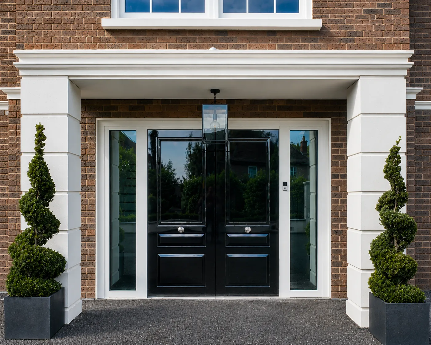 Glossy black steel double doors with sidelights and a transom in a stone surround