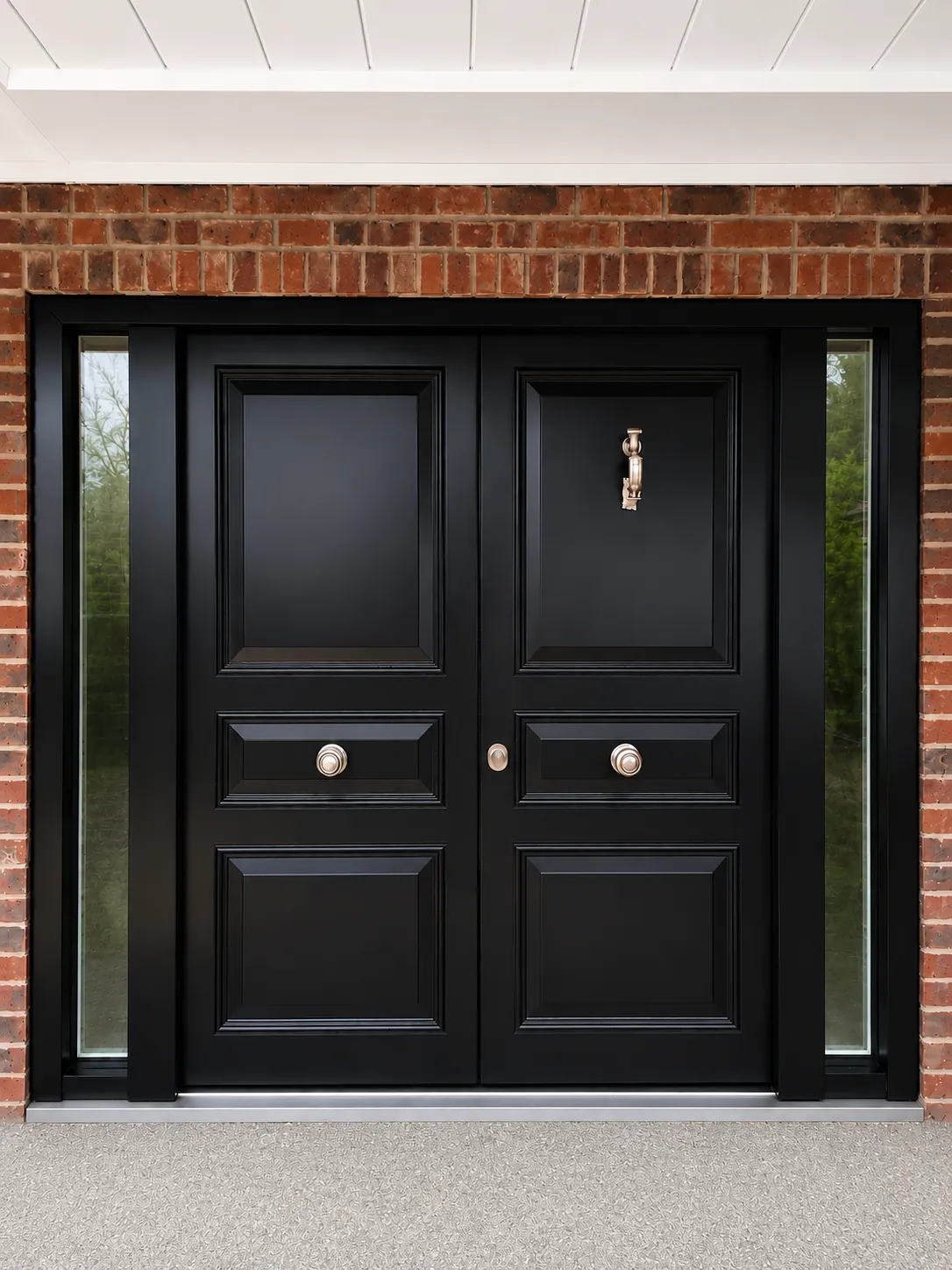 Black raised-panel steel double doors with a brass knocker and sidelights in a brick porch