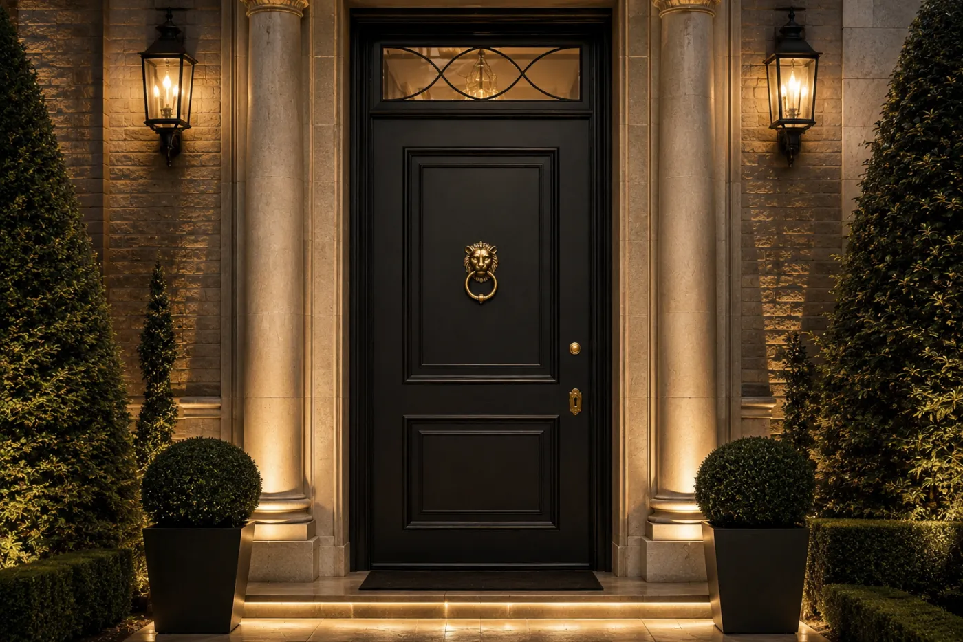 Black single steel door with a brass lion-head knocker beneath an elliptical iron-scroll fanlight