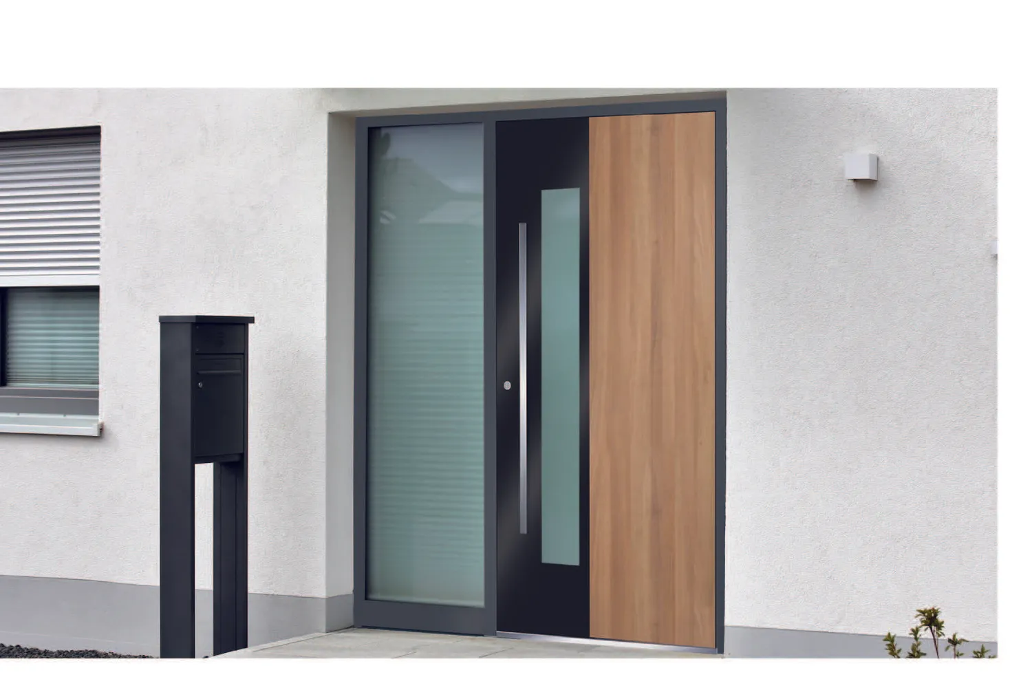Aluminium front door with a timber sidelight and slim glazed panels