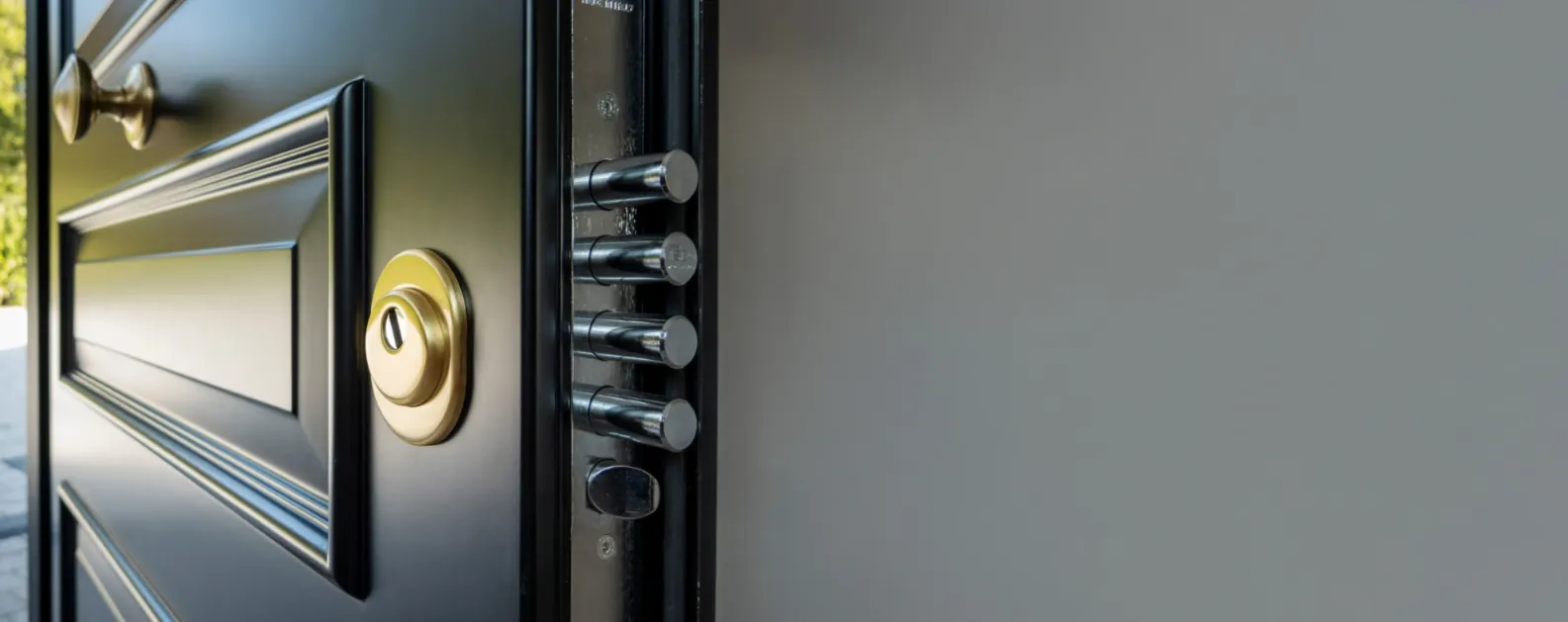 Black front door with brass knob and multipoint locking bolts along the edge