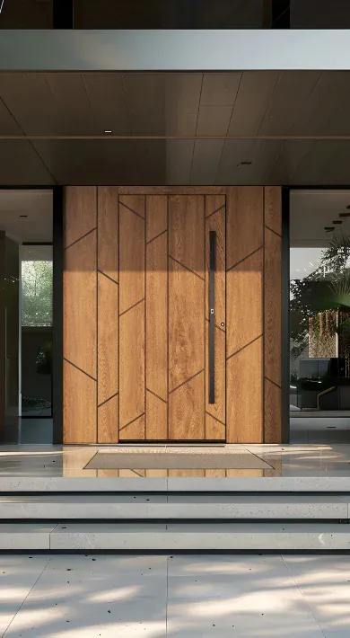 Natural-oak aluminium front door with geometric panel detail under a grand portico