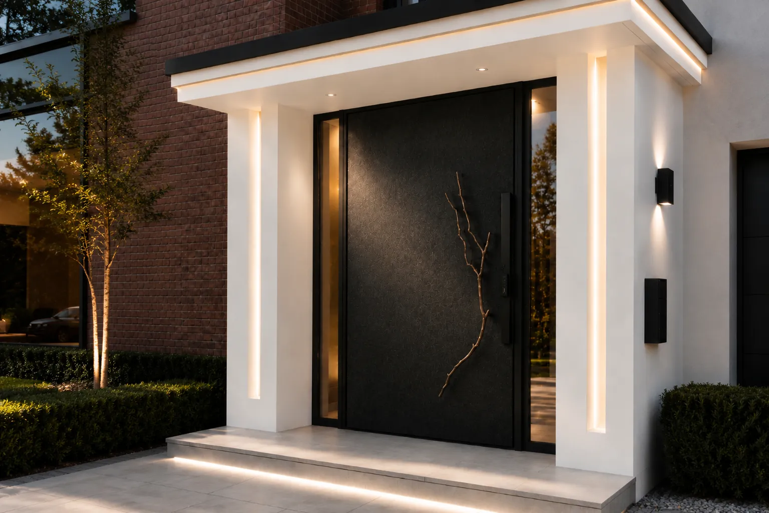Black textured pivot front door in a softly uplit white portico at dusk