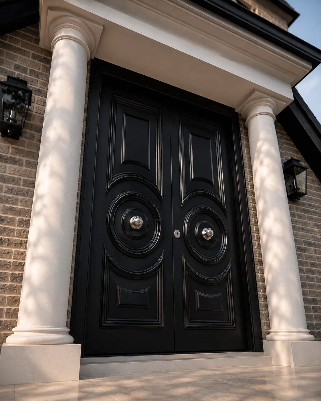 Black security double front doors with circular milled panels, flanked by classical stone columns and a lantern