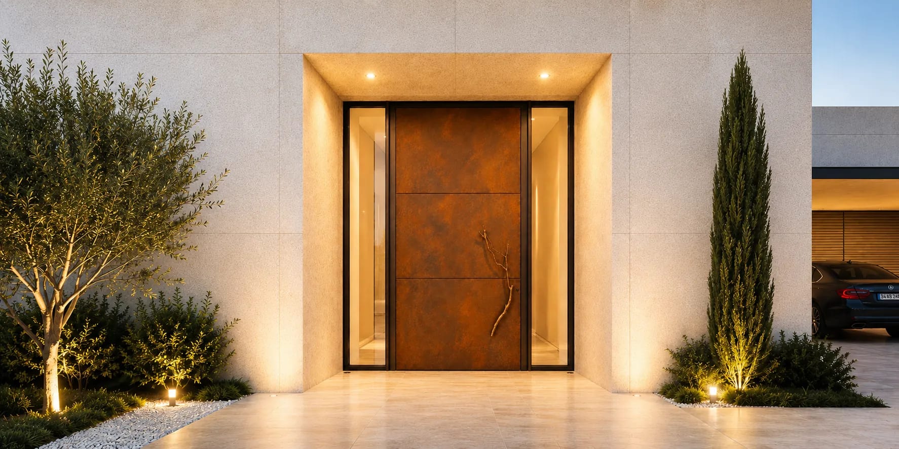 A corten-effect aluminium front door lit at dusk with glazed sidelights