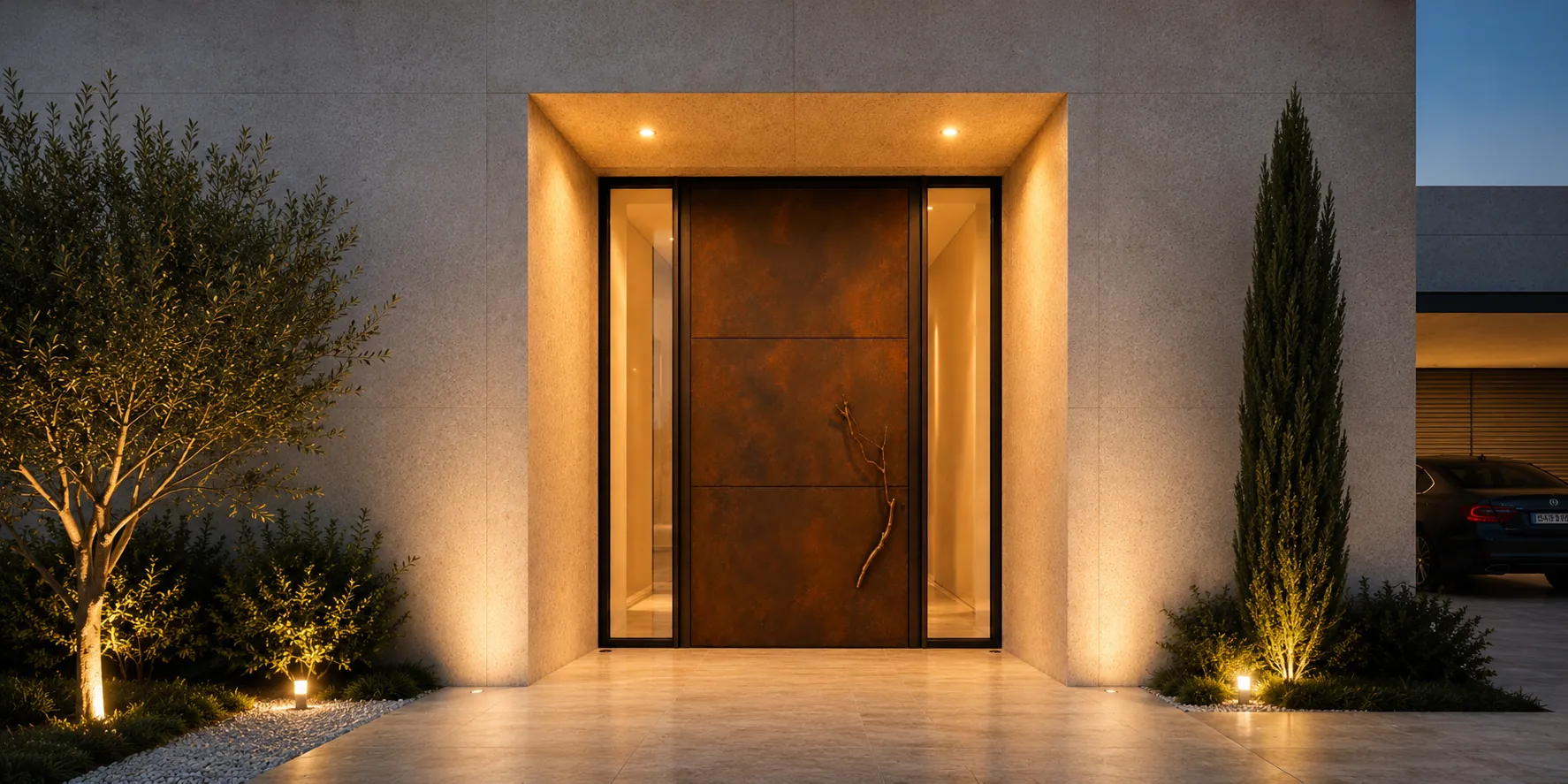 Corten steel front door in a recessed portal, uplit at dusk