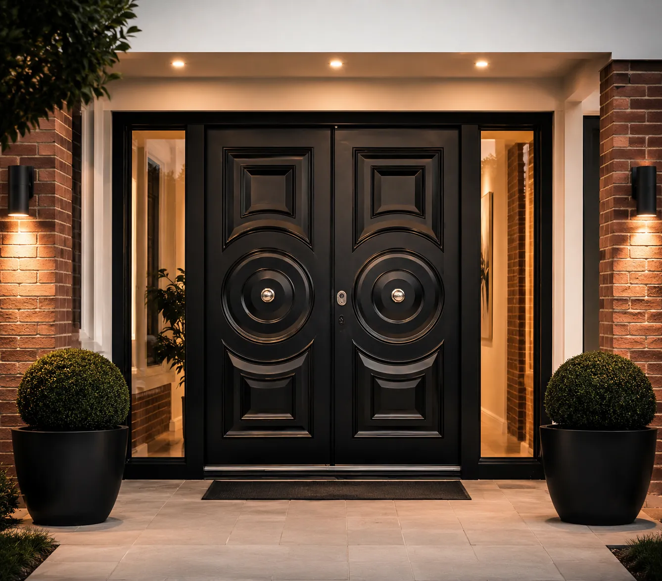 A black steel front door with a concentric-circle motif, lit from within at dusk