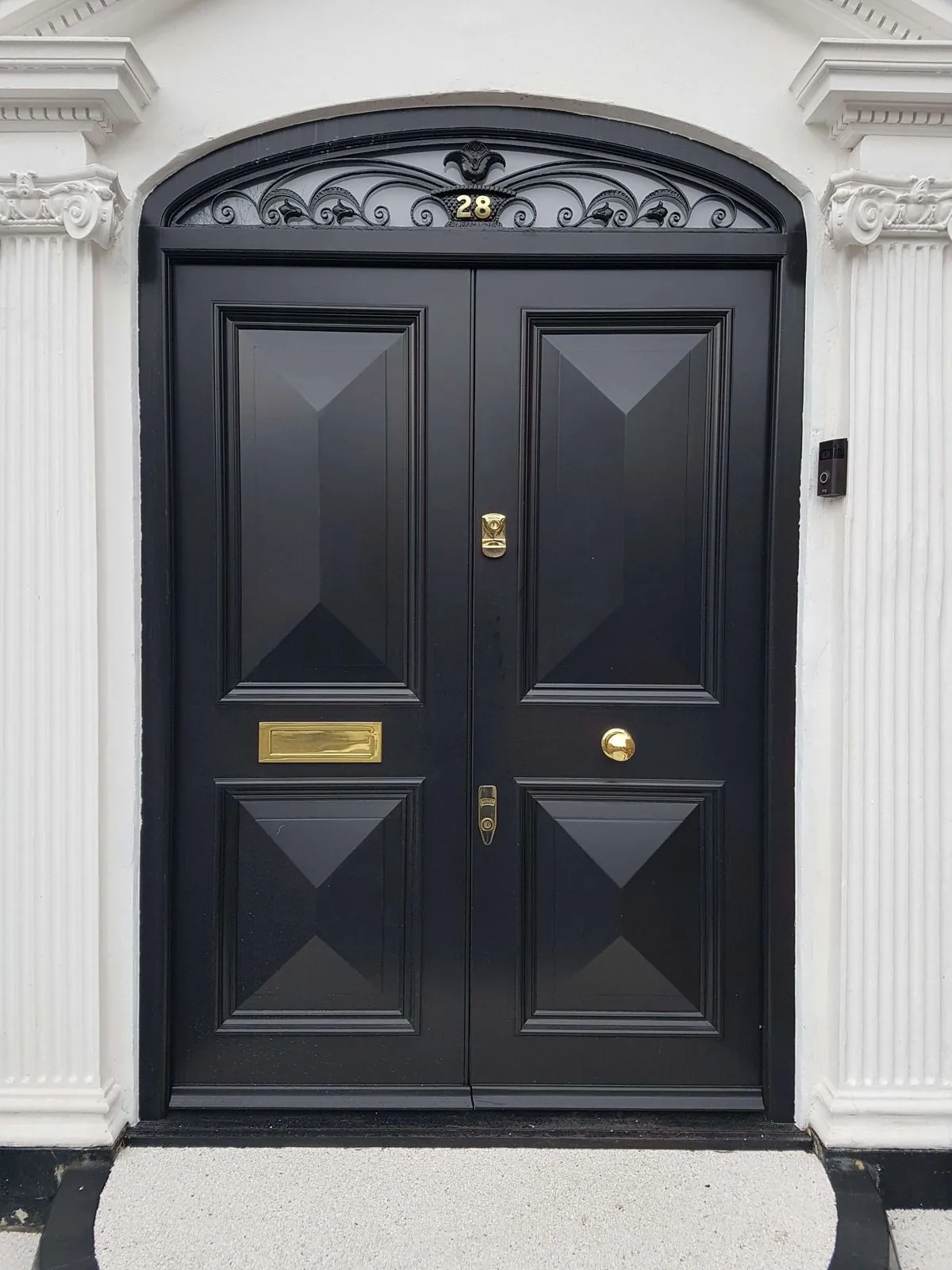 Anthracite steel security double door with diamond-bevel panels and a glazed fanlight