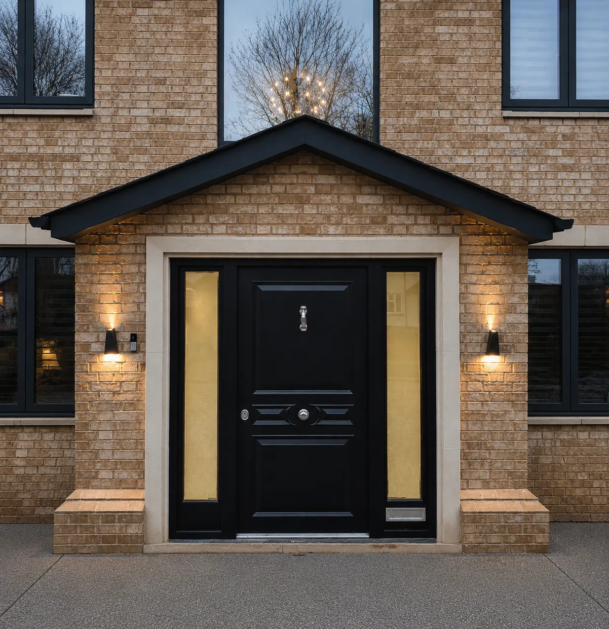 Black security front door with glazed sidelights in a gabled brick porch, lit at dusk