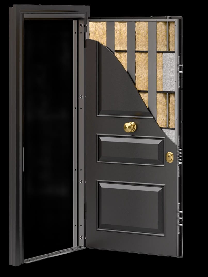 A steel front door cut away to show its high-density insulated core, steel reinforcement and edge locking bolts