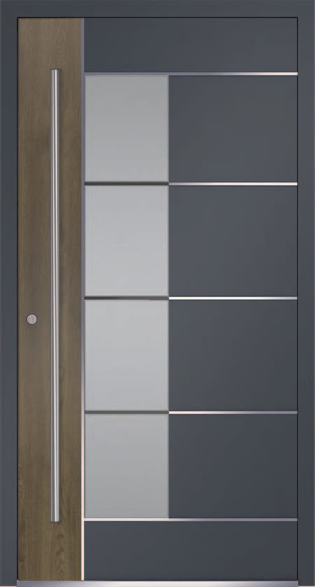Anthracite aluminium front door with an oak sidelight panel and four-square frosted glazing