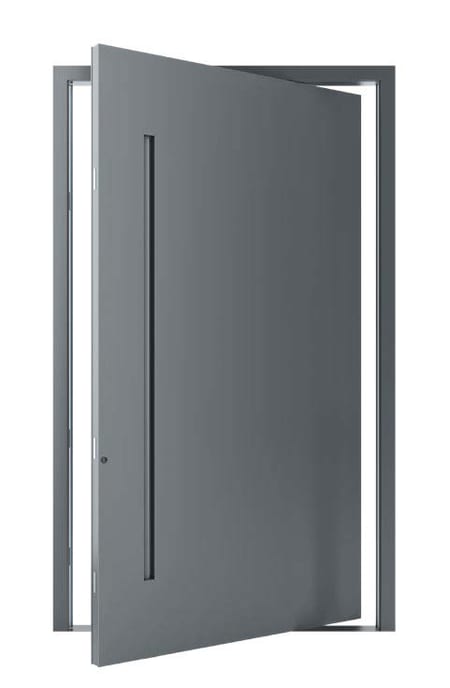 Anthracite pivot front door with a smooth matt leaf and full-height pull handle, shown open