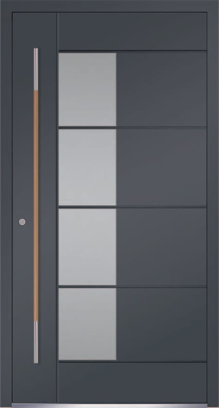 Anthracite aluminium front door with a vertical column of frosted glazing and a timber pull handle