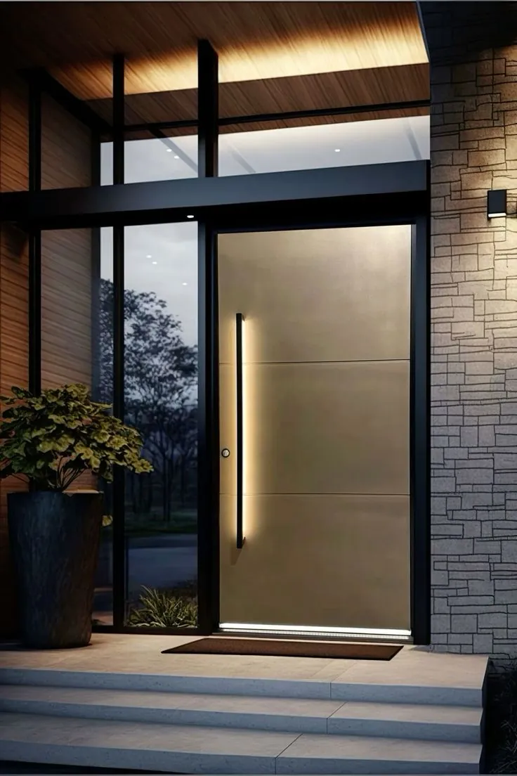Champagne brass-effect aluminium front door with glazed surround and stone steps at dusk