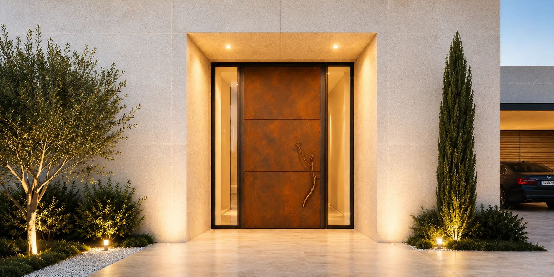 Corten rust-effect aluminium front door with sculptural handle at a dusk entrance