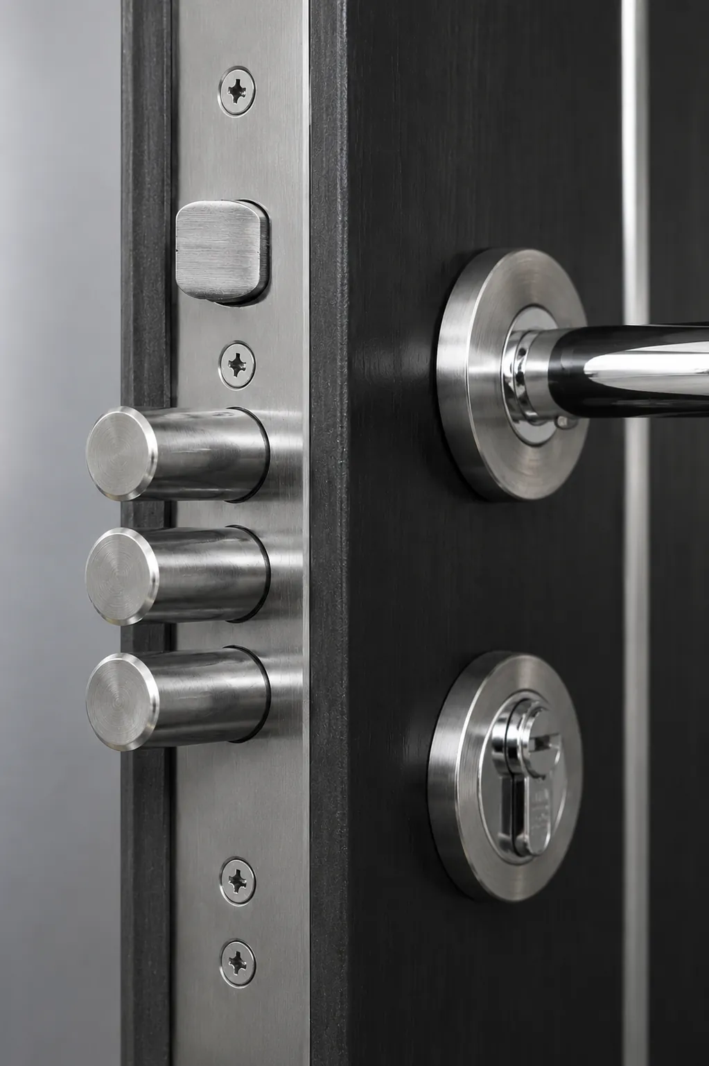 Brushed-steel multipoint shoot bolts, lever handle and euro cylinder on the edge of a dark aluminium security door