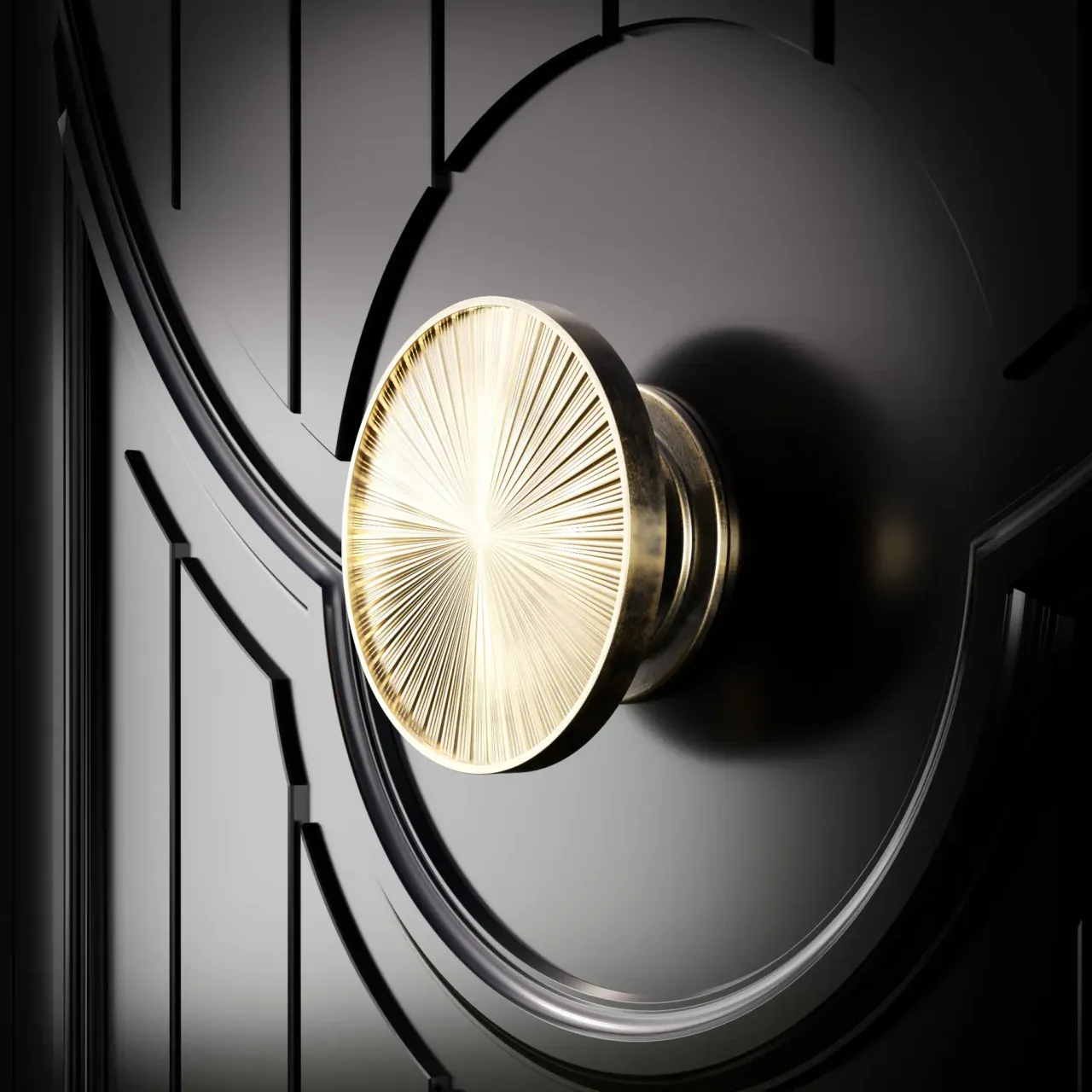 Fluted sunburst polished-brass door knob lit dramatically on a dark panel