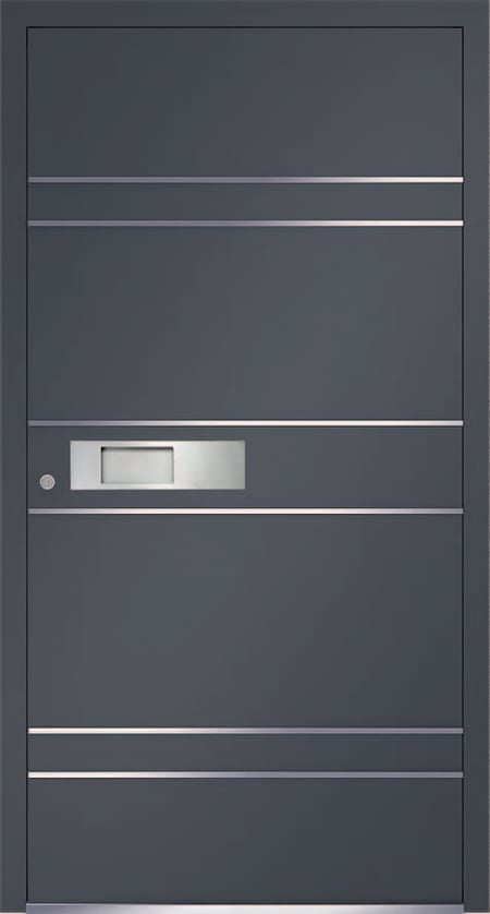 Graphite aluminium front door with inlaid stainless bands and a letterplate