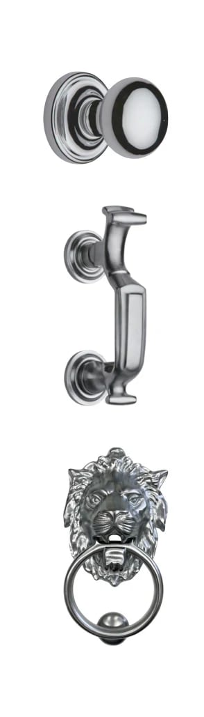 Security-door hardware in pewter: a centre knob, a doctor door knocker and a lion-head knocker