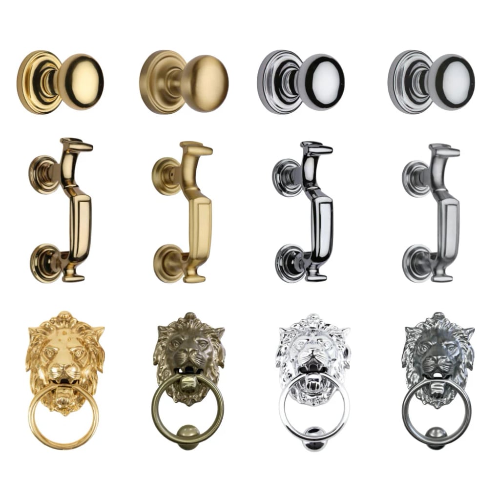A range of security-door hardware — centre knobs, door knockers and lion-head knockers — each shown in polished brass, satin brass, polished chrome and pewter