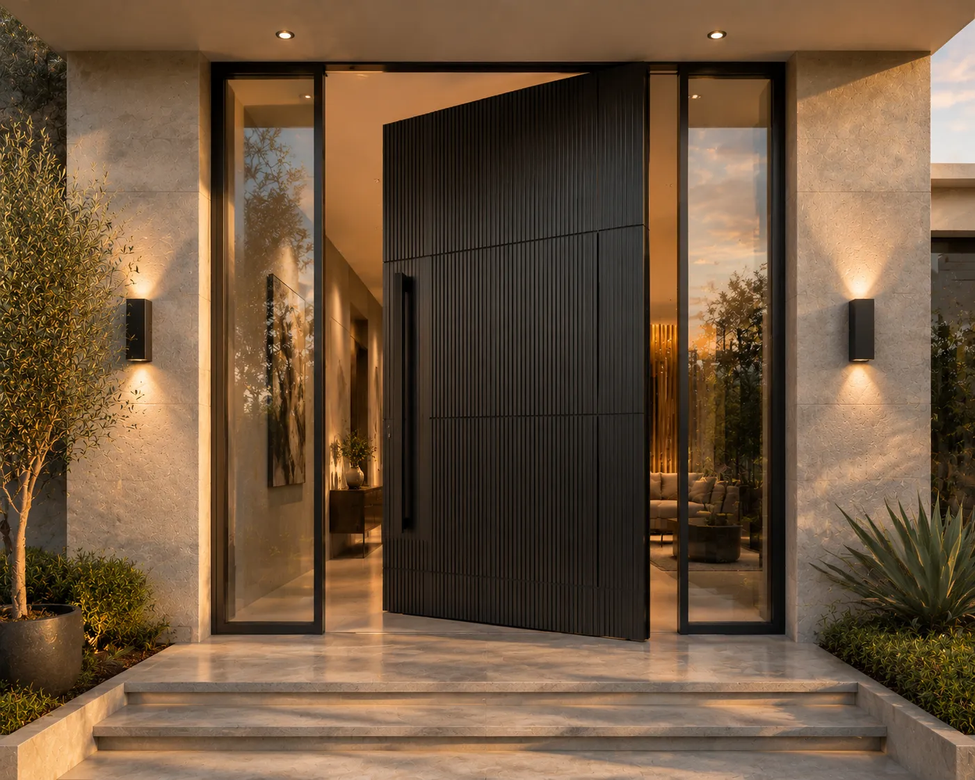 Black vertical-slatted pivot front door standing open at a sunset entrance