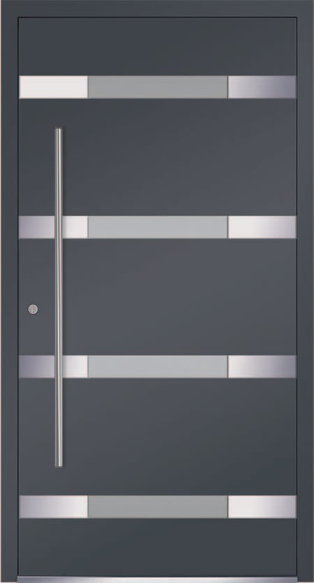 Slate-grey aluminium front door with horizontal glazed bands and a long bar handle
