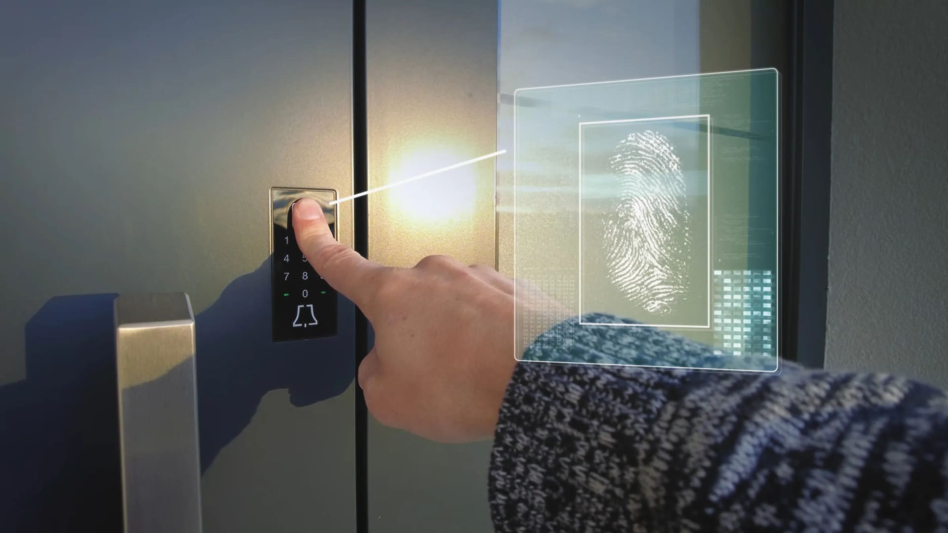 Finger on a smart-lock keypad with a holographic fingerprint scan overlay