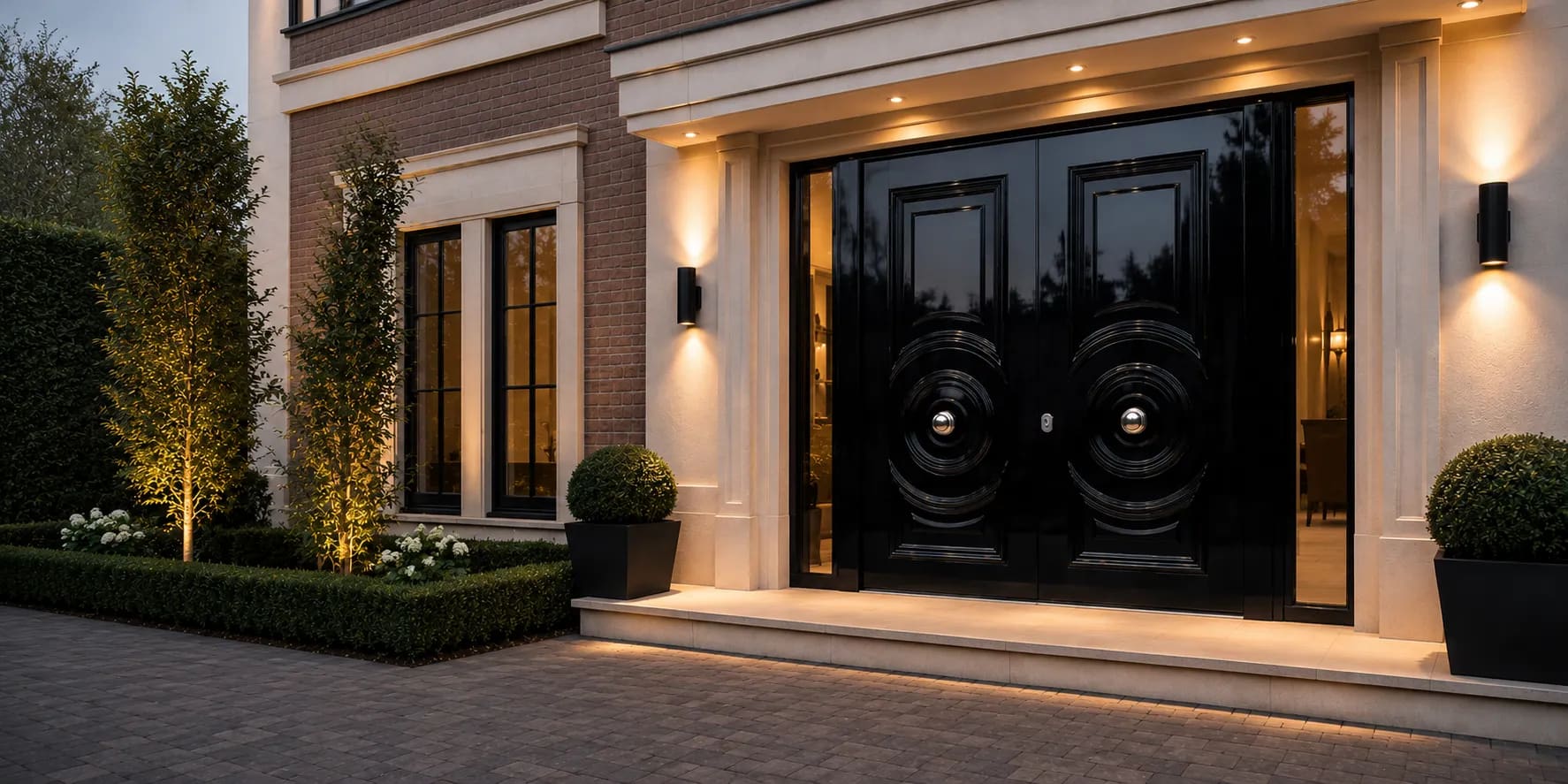 Glossy black double front doors with reeded bullseye motifs and polished chrome centre knobs in a lit brick portico