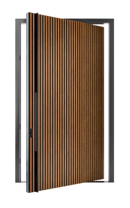Walnut pivot front door with vertical timber slats, shown open